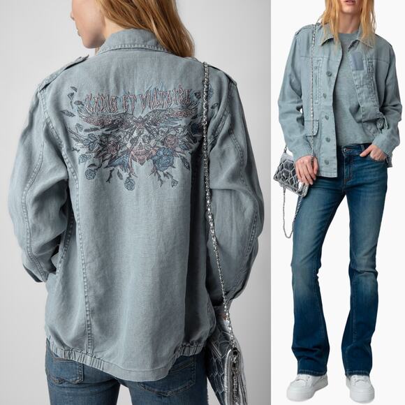 Zadig & Voltaire Kid Linen Glacier Blue Skull Embroidered Utility Jacket XS - Picture 1 of 12